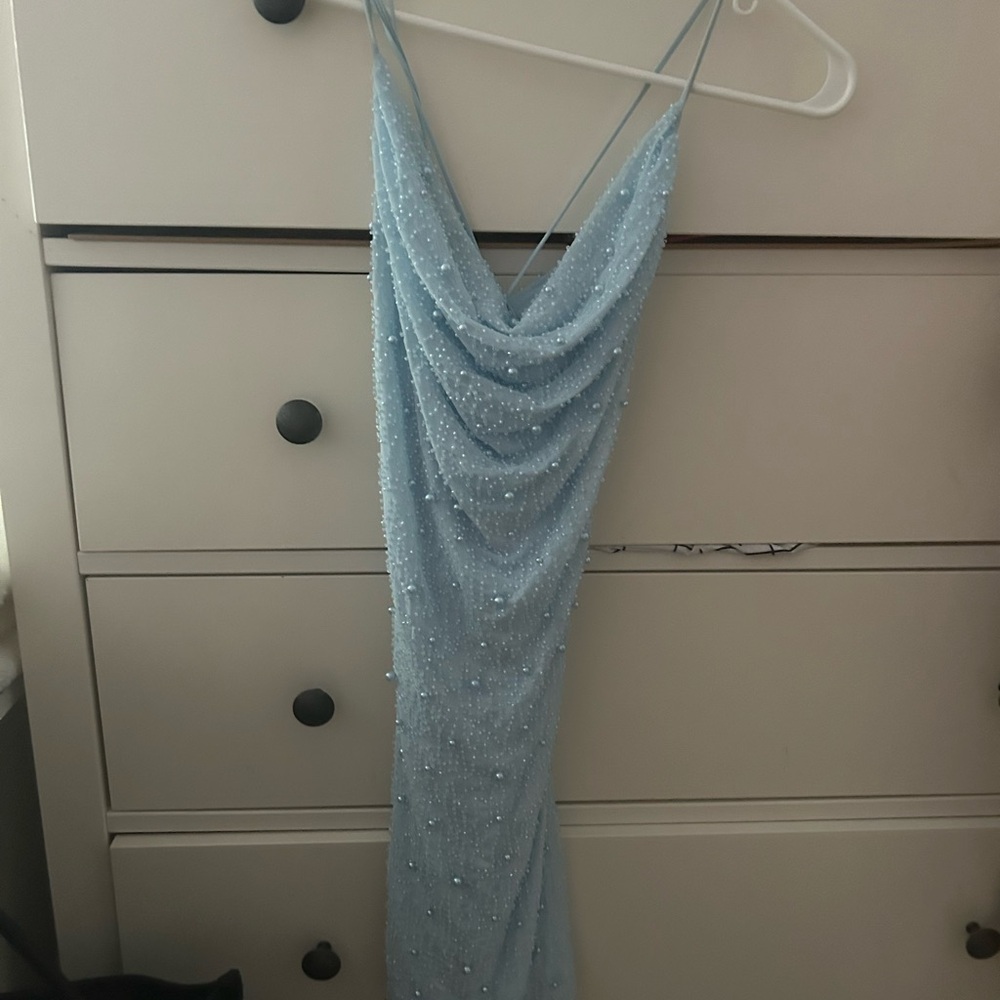 SEYCHELLES
Embellished Cowl Neck Mini Dress in Blue